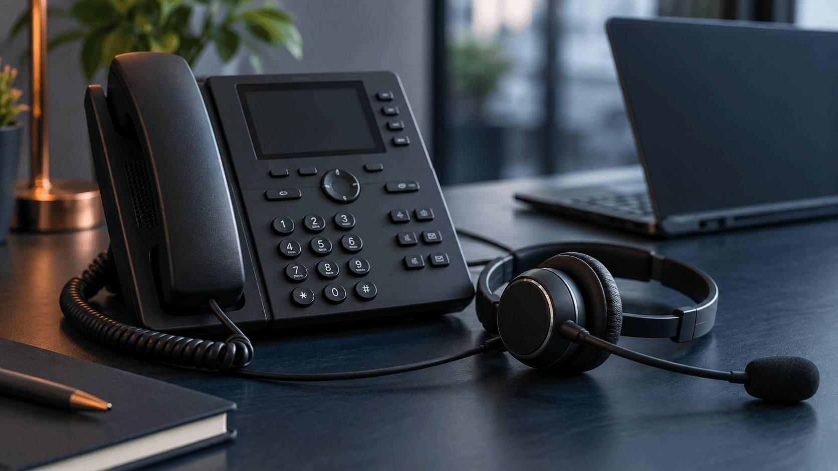 Illustrative business desk with a VoIP phone and wired headset.