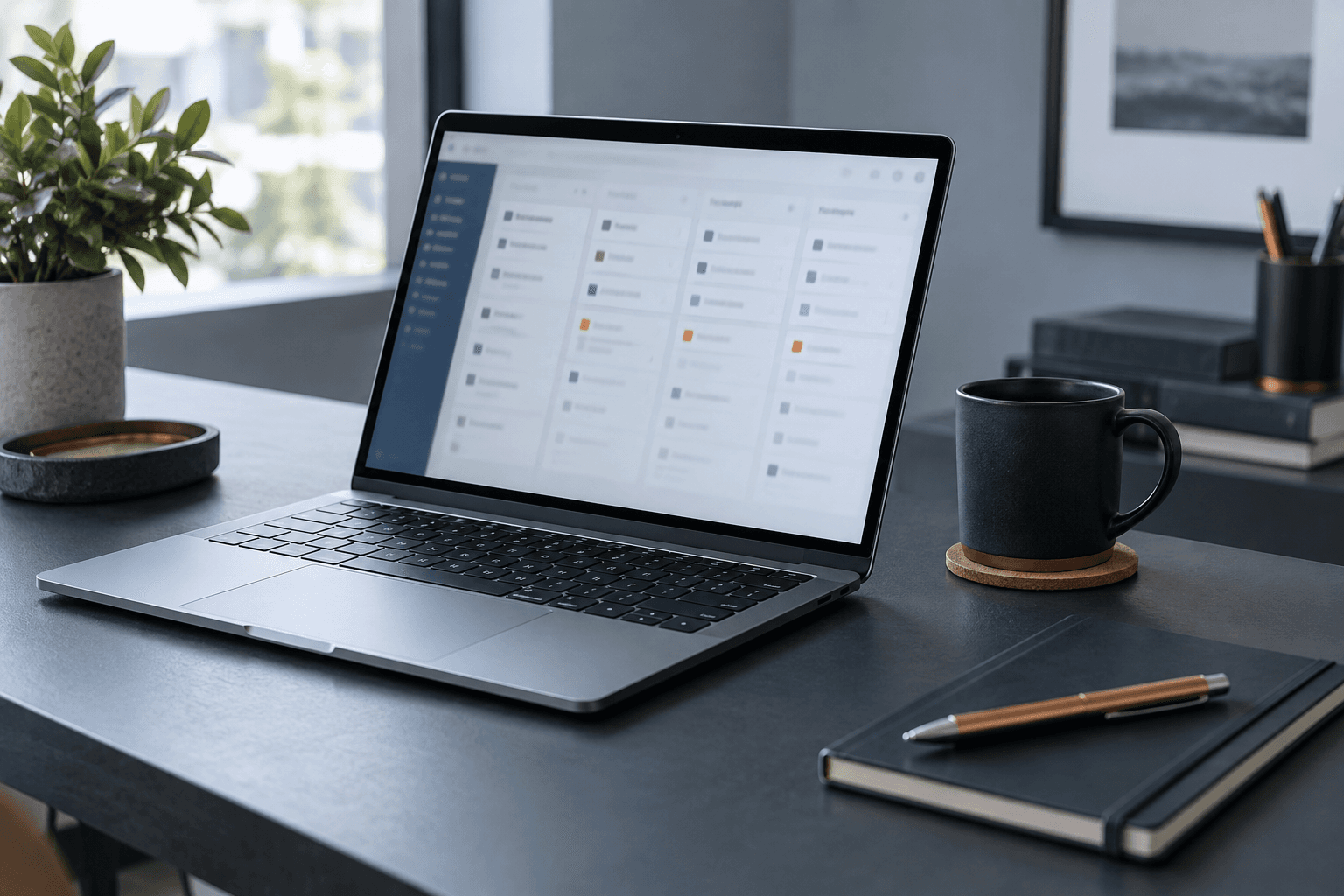 Illustrative laptop workspace with a service workflow on screen.