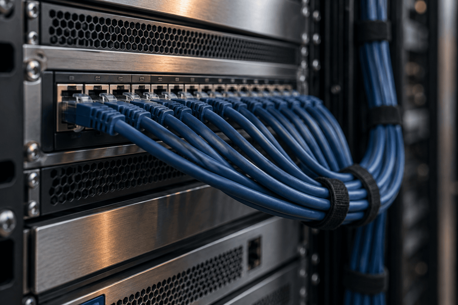 Illustrative network equipment with neatly connected Ethernet cables.